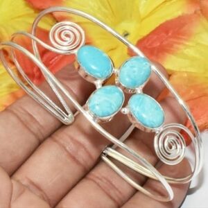 Larimar Multi-Gemstone 925 Silver Plated Handmade Adjustable Cuff Bracelet